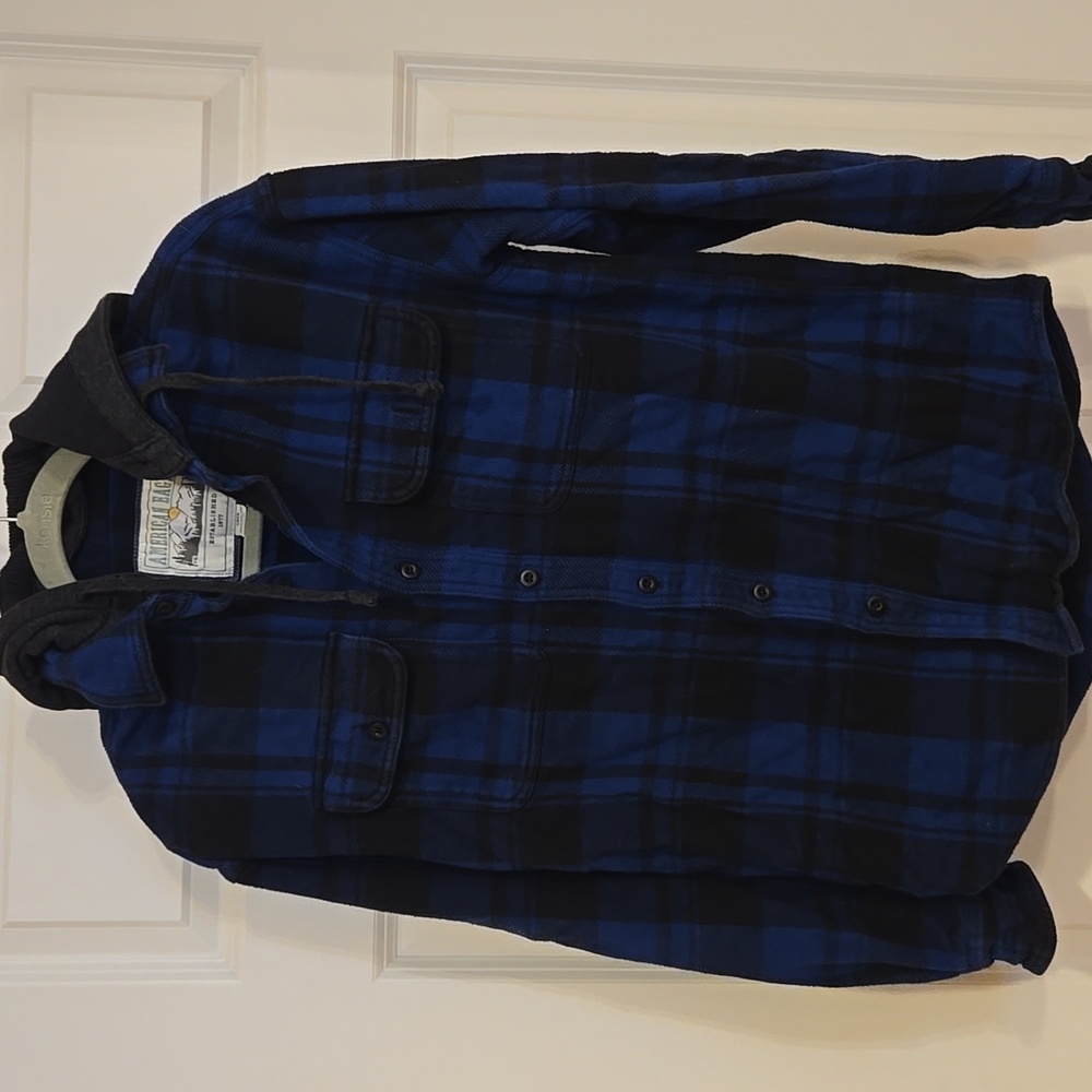 American Eagle Blue Flannel Button Up with Hood